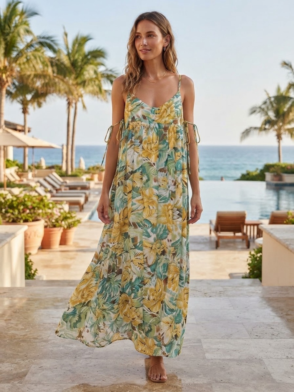 Inmod Tropical Floral Maxi Swim Cover-Up in Yellow & Green